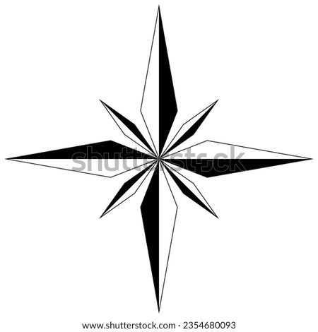 Wind rose or Compass rose vector with eight directions.
Marine, nautical or trekking navigation symbol or for including in a map.
Isolated background.