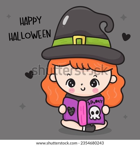 Cute Witch cartoon read spooky book magic. Happy Halloween party children (Kawaii vector). Trick or treat kids. Perfect make a wish for background, card, pattern, nursery wall and shirt design.