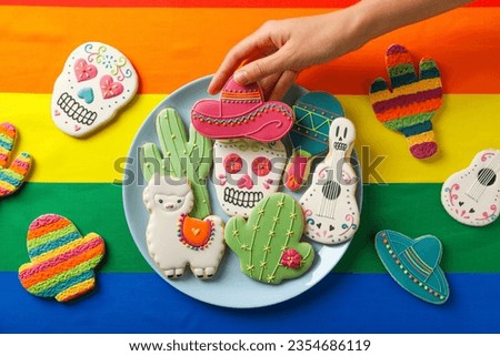 Mexican symbols in the form of gingerbread. Day of death. LGBT flag.