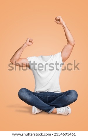 Vertical collage of headless man raised fists up hooray victory big sale white t shirt new jeans awesome isolated on beige background Royalty-Free Stock Photo #2354693461