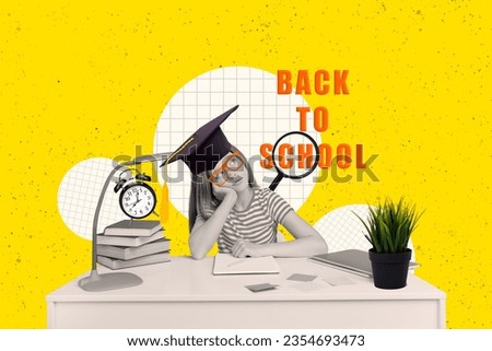 Artwork collage of black white effect clever girl mortarboard hat brainstorming desktop pile stack book copybook planet earth globe back to school