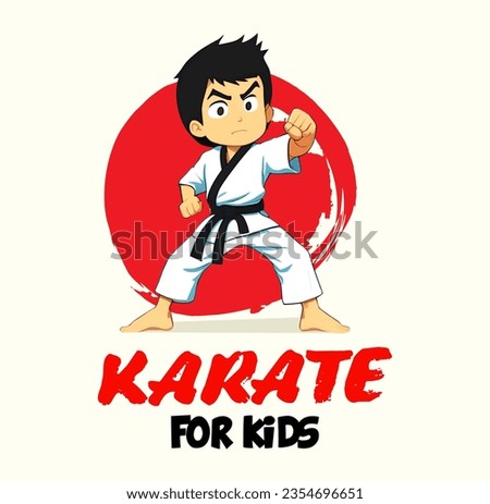 Vector Cartoon Boy in karate discipline. Martial arts school for childrens. Baby Karate logo. Strong kids concept. Royalty-Free Stock Photo #2354696651