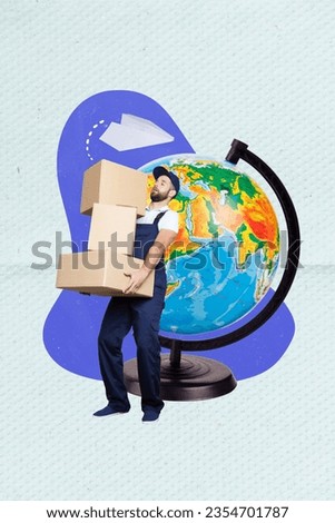 Photo illustration collage of young courier delivery man holding stack carton packages worldwide shipping isolated over blue background