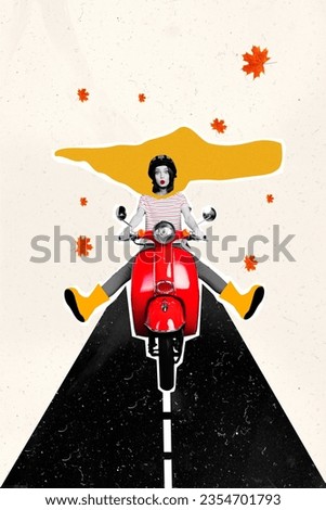 Collage artwork graphics picture of impressed funky lady riding scooter enjoying autumn weather isolated painting background