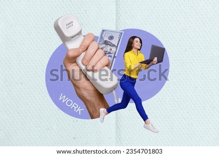 Photo collage of run funny business lady entrepreneur holding netbook telephone call center worker make money isolated on blue background