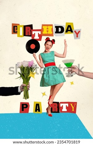 Poster collage sweet young girl dancing girl relax girl birthday party atmosphere gift bunch tulips drink gin isolated on beige background