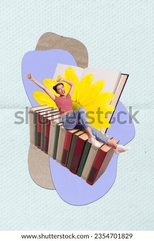 Vertical photo collage of funny young academic girl study reading books library information prepare last exam isolated on blue background
