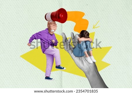 Creative composite photo collage of headless person loudspeaker instead of head screaming at tired girl isolated on paper background