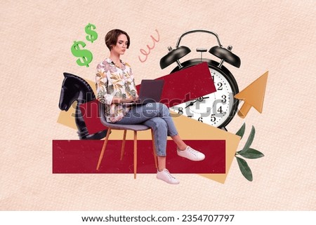 Collage artwork graphics picture of busy lady earning money modern device isolated painting background