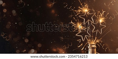 Happy New Year 2024, New Year's Eve Party background greeting card, sparklers in champagne bottle and bokeh lights on dark night sky