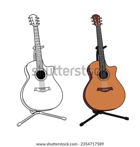 acoustic guitar cartoon vector line art illustration