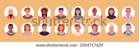 Bundle set of people avatars. User portraits in circles. Male and female human face icons. Smiling characters. Flat cartoon vector illustration.
