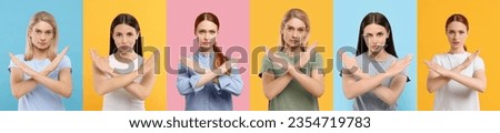 Women showing stop gesture on different color backgrounds. Collage with photos