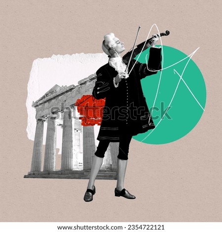 Elegant male model as historical character, great music composer playing violin. Classical music. Contemporary art collage. Retro style, fashion, art, comparison of eras concept. Ad Royalty-Free Stock Photo #2354722121