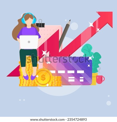 Freelancer Girl Sitting On Stack Of Coins Currency Cash Money Cup Of Coffee Office Note Pencil  Arrow Icon Isolated For Business Banking And E-Commerce Credit Card  Investment Arrow Vector Design