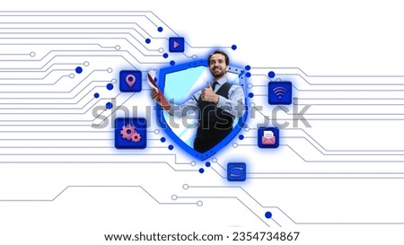 Businessman showing positive gesture and smiling. Garancies of data security. Contemporary art collage. Concept of business, office, IT, modern technology, innovation, cyberspace, ad