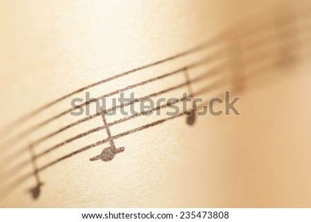 Music notes on paper. Fragment of the A minor gamut.
