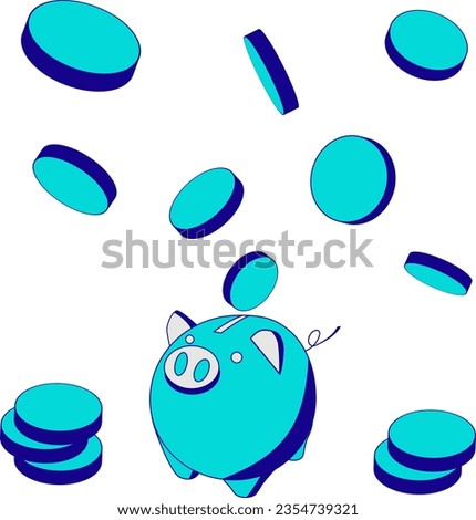 Clip art of piggy bank and money falling. This is an image of savings and investment, where money increases through asset management.
