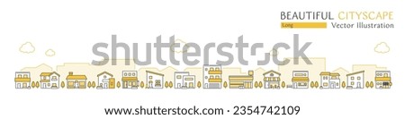 Vector illustration of a beautiful cityscape with simple shops and houses