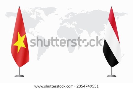 Vietnam and Yemen flags for official meeting against background of world map.