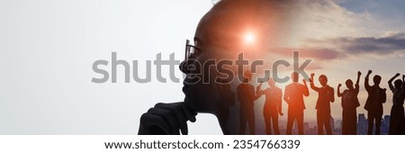 Thinking Black woman and teamwork concept. Wide angle visual for banners or advertisements. Royalty-Free Stock Photo #2354766339