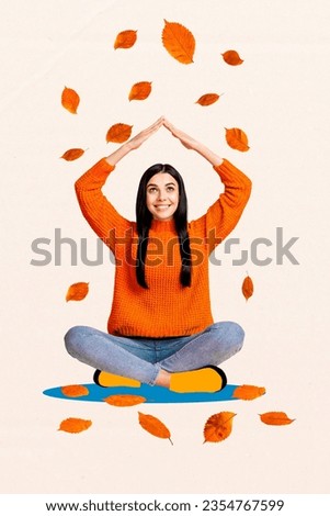 Vertical creative composite photo collage of woman hold hands over head make roof under falling leaves isolated on painted background