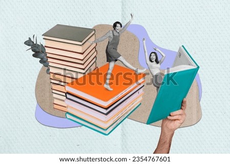 Collage picture of huge hand pile stack book two mini black white colors dancing girls isolated on paper creative background Royalty-Free Stock Photo #2354767601