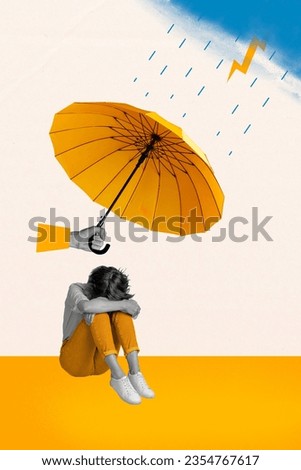Vertical creative composite photo collage of arm hold parasol cover upset depressed woman from rain isolated on drawing background