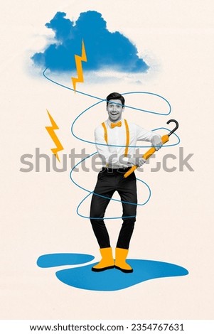 Vertical creative composite abstract photo collage of positive satisfied guy hold umbrella dancing outdoors isolated on painted background