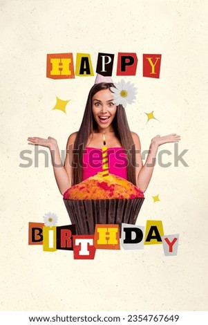 Vertical creative collage image of positive excited shocked female cake candle sweet happy birthday flower smiling bizarre unusual fantasy