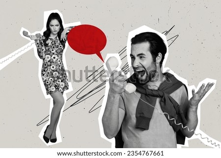 Composite collage of couple lovers bad mood aggression argue call telephone communicate call angry boyfriend isolated on grey background Royalty-Free Stock Photo #2354767661