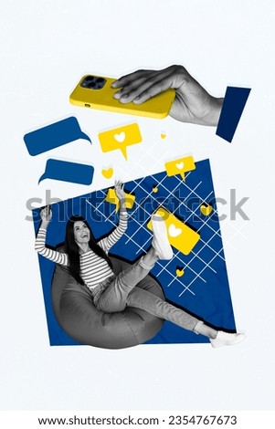 Collage art illustration of young funky woman lying pouf comfort enjoy popularity phone likes dropping isolated on plaid blue background