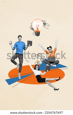 Creative poster collage of excited funny young office woman man electric bulb working employee solution brainstorming education decision Royalty-Free Stock Photo #2354767697