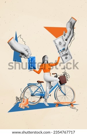 Vertical collage picture of mini black white colors girl two big hands hold debit card dollar bill bicycle rollerblades skateboard