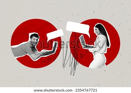 Creative collage picture of two black white colors people use netbook chatting dialogue bubble isolated on grey drawing background