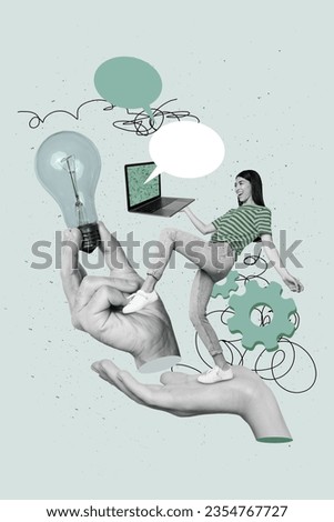 Young woman business lady workaholic collage create idea mechanism automation genius solution startup lightbulb isolated on grey background