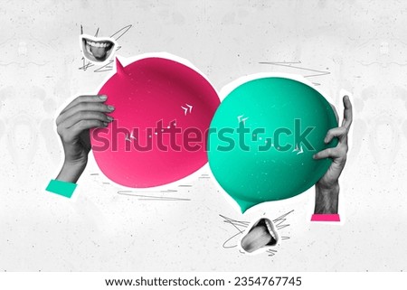 Collage portrait of two black white effect arms hold big dialogue quotation bubble talking mouth showing tongue out