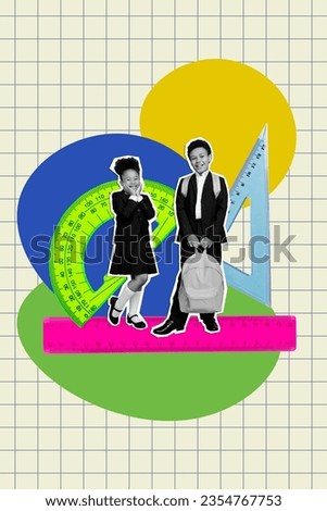 Vertical collage of two mini black white effect kids hold rucksack big maths ruler protractor triangular isolated on checkered copybook background