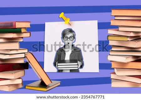 Creative composite illustration photo collage of smart intelligent astonished boy hold book in library isolated blue strips background
