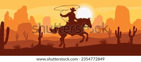 Cowboy on horse sticker colorful with rider using lasso and galloping through wilderness of wild west during sunset vector illustration Royalty-Free Stock Photo #2354772849