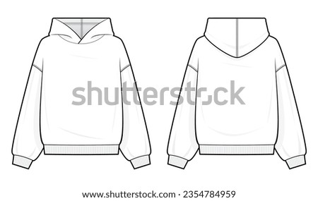 Classic Hoodie technical fashion illustration. hoodie vector template illustration. front and back view. oversized. drop shoulder. unisex. white color. CAD mockup. Royalty-Free Stock Photo #2354784959