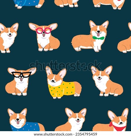 Seamless Pattern with Cute Cartoon Corgi Dog Design on Dark Blue Background Royalty-Free Stock Photo #2354795459