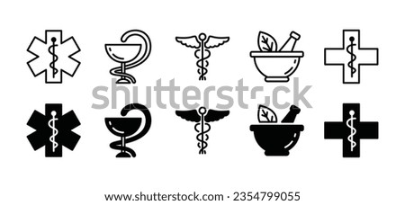 Pharmacy icons set. Caduceus snake, medicals, herbal bowl icon symbol in line and flat style for apps and websites. Health care vector illustration Royalty-Free Stock Photo #2354799055