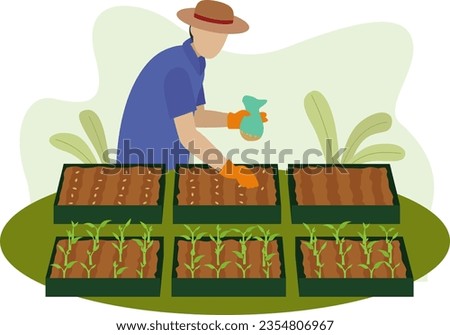 the farmer sows grains in a soil box, sowing plant seeds vector illustration, agricultural, botanic and gardening concept Royalty-Free Stock Photo #2354806967