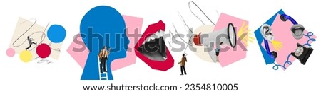 Contemporary art collage. Female mouth shouting with megaphone on background. Advertisement for business strategy. Inspiration, idea, trendy urban magazine style, fashion and style. Copyspace for ad. Royalty-Free Stock Photo #2354810005