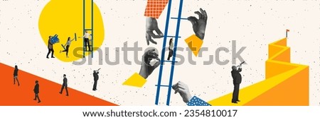 Contemporary art collage. Businessman and businesswoman team work on start up progress using analysis market technology. Concept of business, communication, cooperation, group work. banner