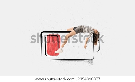 Hard worker. Contemporary art collage of office worker, employee lying on huge low battery symbolizing tiredness, fatigue. Work overload. Concept of business, depression, deadlines Royalty-Free Stock Photo #2354810077