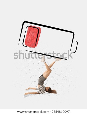 Need for rest. Contemporary art collage. Office worker, employee lying on floor rising legs with low battery symbolizing tiredness, fatigue. Work overload. Concept of business, depression, deadlines Royalty-Free Stock Photo #2354810097