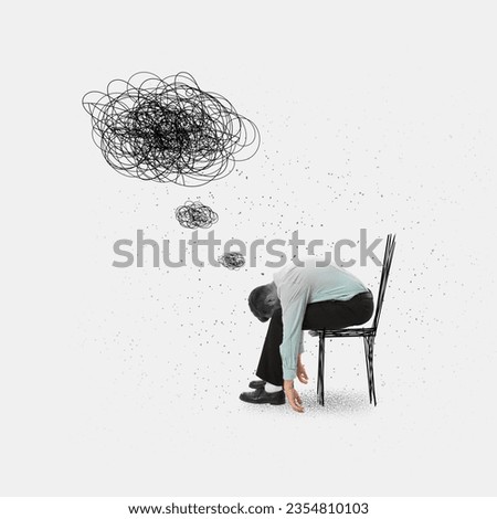 Contemporary art collage of young stressed man with missed thoughts about his self improvement with drawing elements isolated white background. Concept of business, work, deadline. Copy space for ad Royalty-Free Stock Photo #2354810103