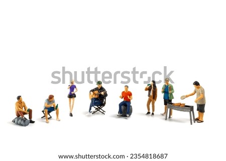 Miniature people are making barbeque, drinking beverages, making memories, and laughing isolated on white background Royalty-Free Stock Photo #2354818687